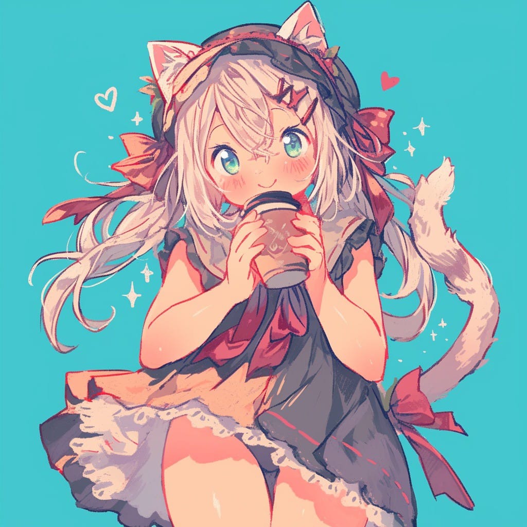 Cute Cat Girl Enjoying a Warm Drink